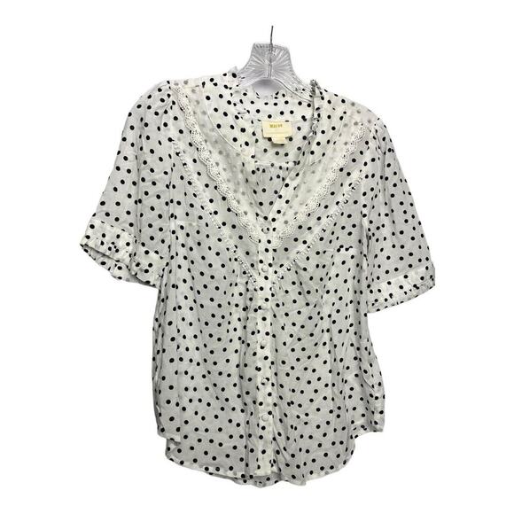 Maeve by Anthropologie Womens Size 2 Black Polka Dot White Lace Shirt Blouse Top - Picture 1 of 8
